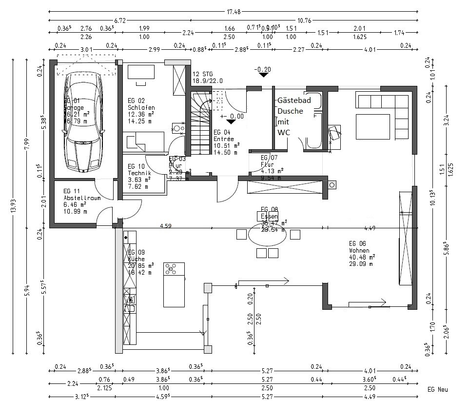 Grundriss eines Hauses: Garage, Küche, Essbereich, Wohnzimmer, Schlafzimmer, Gäste-WC, Bad, Treppe.