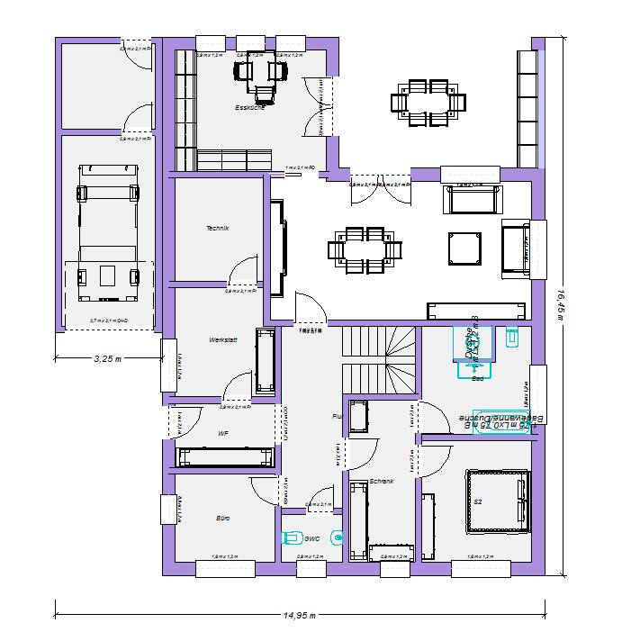 Grundriss eines Hauses mit Zimmern, Treppenhaus, Küche, Essbereich, Bad, Garage.