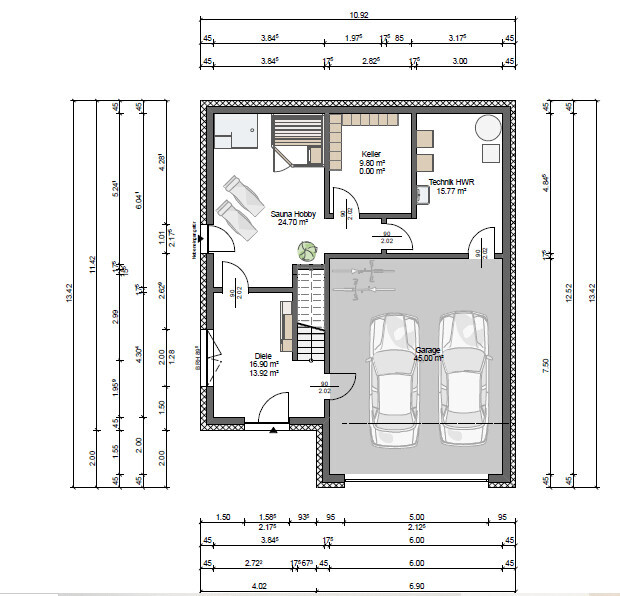 Grundriss des Kellergeschosses: Sauna/Hobbyraum, Keller, Technik/HWR, Diele und Doppelgarage
