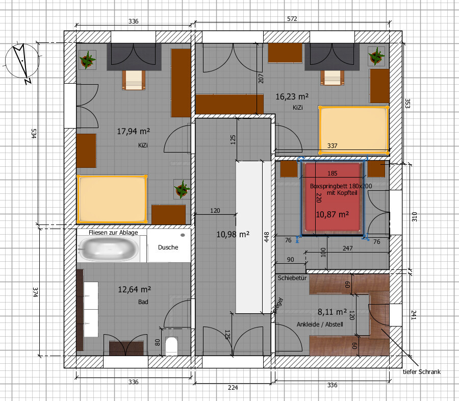 Grundriss eines Apartments: zwei Schlafzimmer, Bad, Flur, Boxspringbett 180x200, Ankleide.