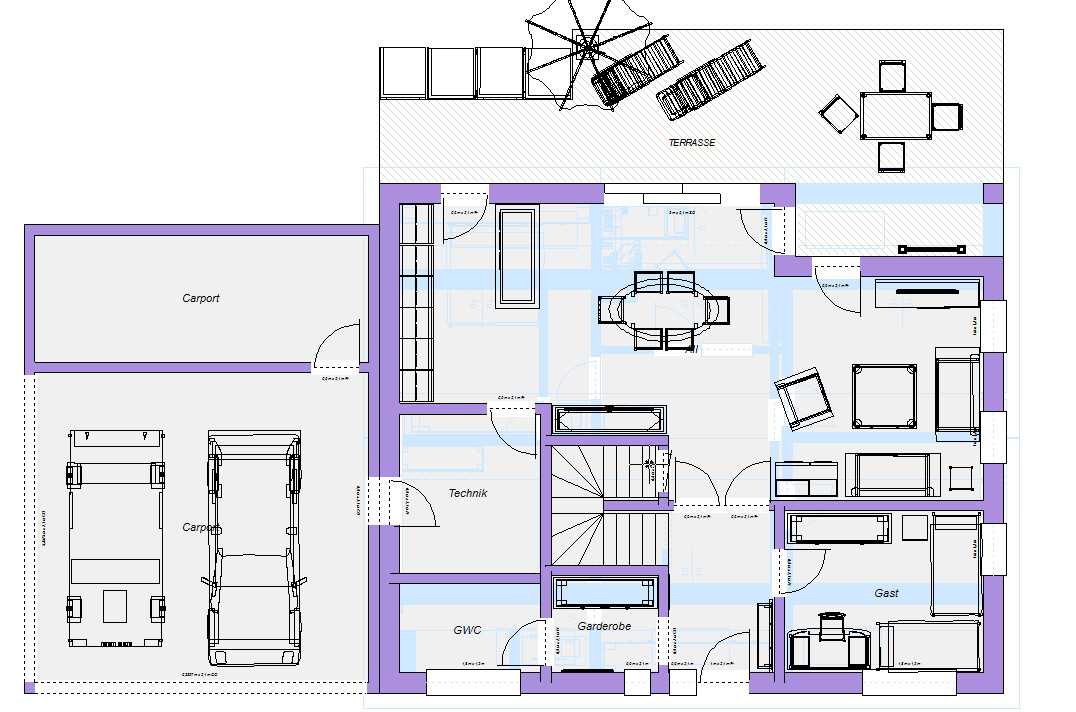 Grundriss eines Hauses mit Carport, Terrasse, Wohn-/Essbereich, Küche, Gästezimmer, Technik
