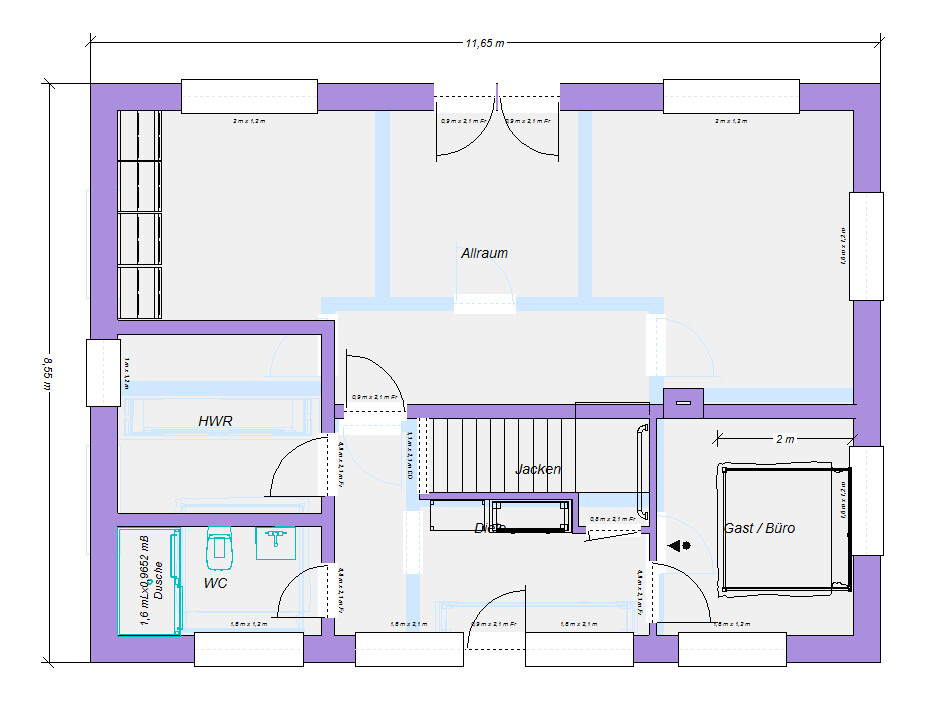 Grundriss eines Hauses: zentraler Allraum, rechts Gast/Büro, links HWR/WC, Treppenhaus Mitte.