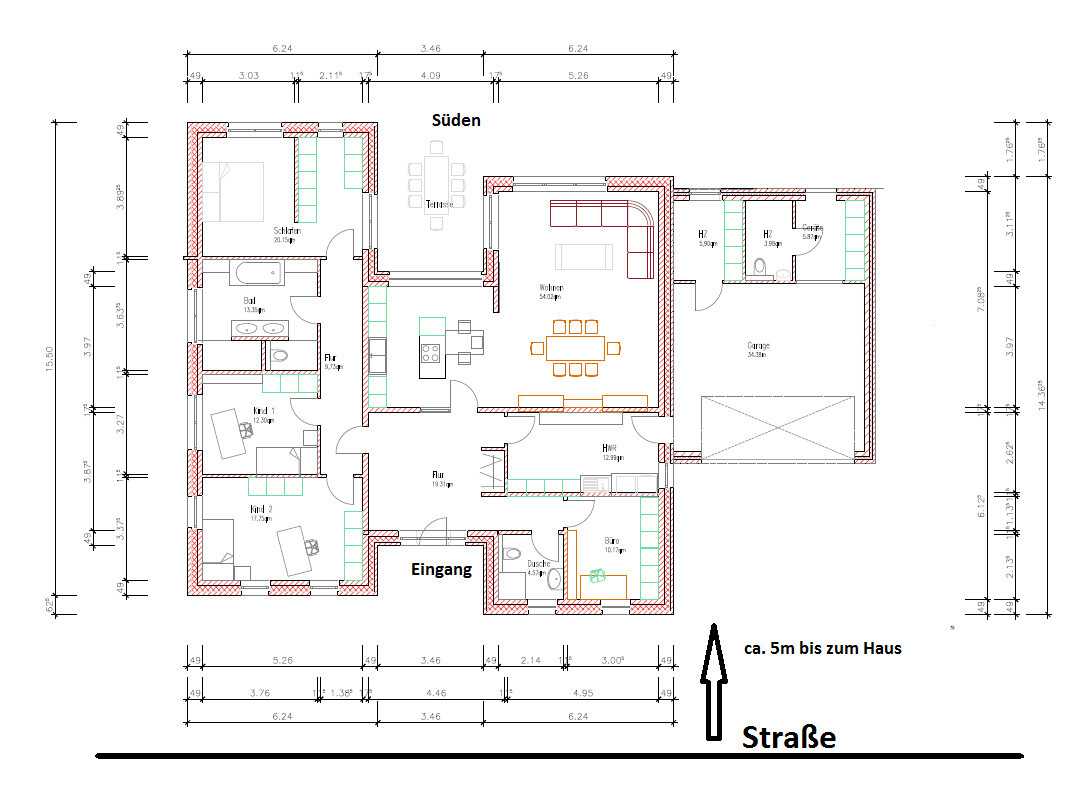 Grundriss eines Hauses mit Eingang, Flur, Wohnzimmer, Küche, Essbereich, Schlafzimmer, Bad; Süden.