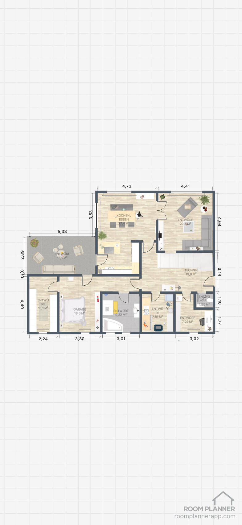 Grundriss eines Hauses: Küche/Wohnbereich, Wohnzimmer, Garage, Technikraum und Entwürfe.