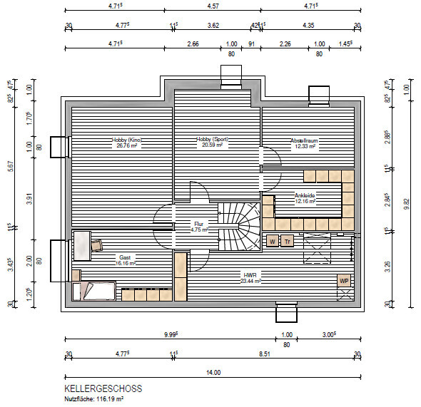Grundriss Kellergeschoss: Hobbykino, Hobby-Sport, Abstellraum, Ankleide, Gästezimmer, Flur, HWR.