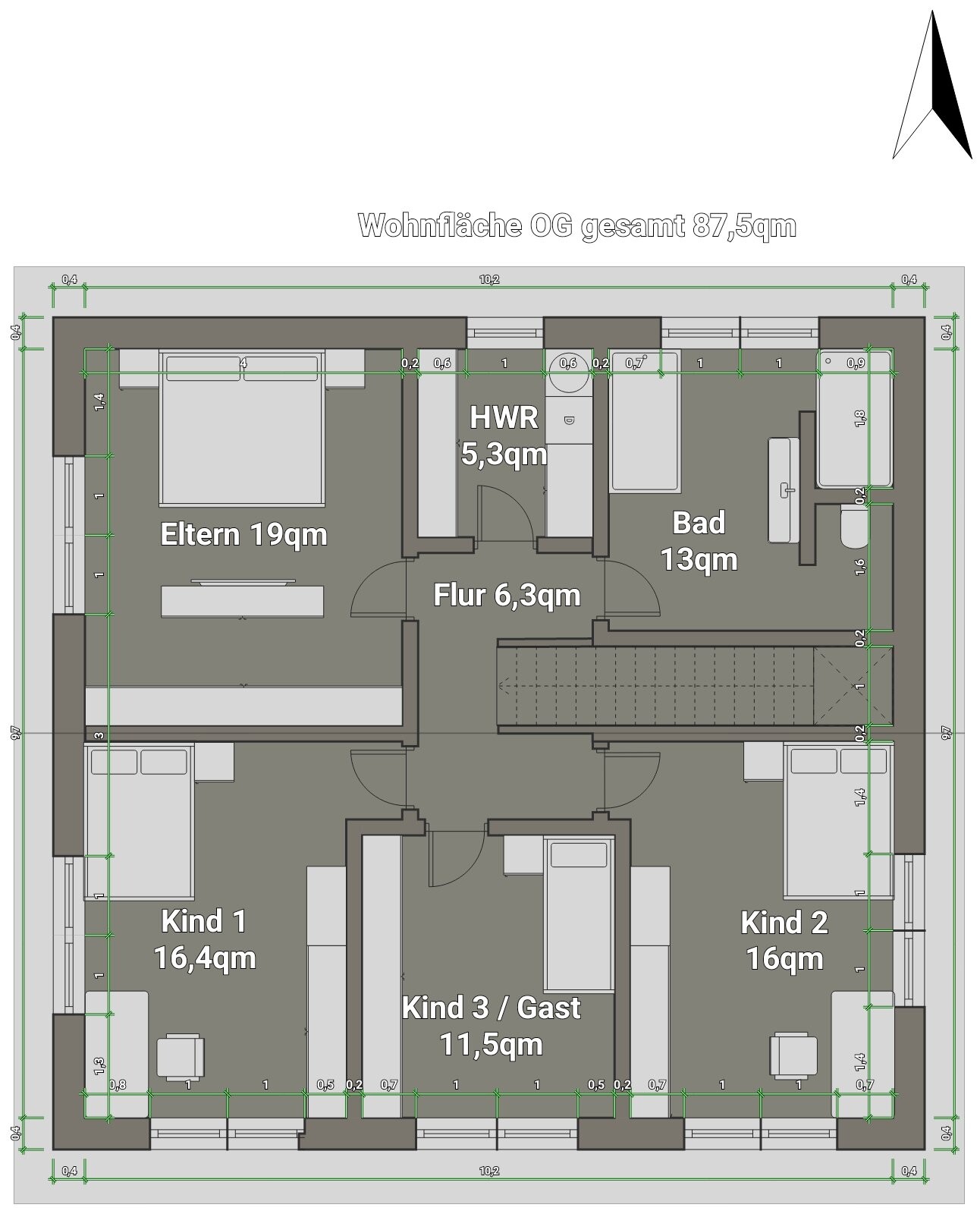 OG-Grundriss, 87,5qm, mit Elternzimmer, Kind 1-3, Flur, Bad, HWR.
