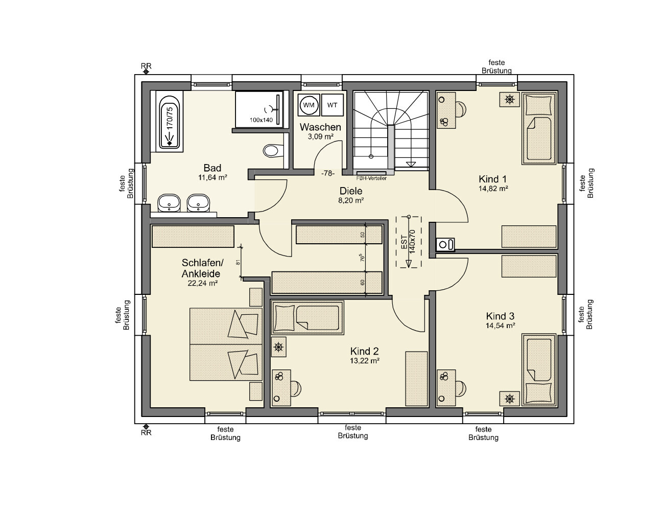 Grundriss eines Wohnhauses: Bad, Schlafen/Ankleide, Diele, Waschen und 3 Kinderzimmer.