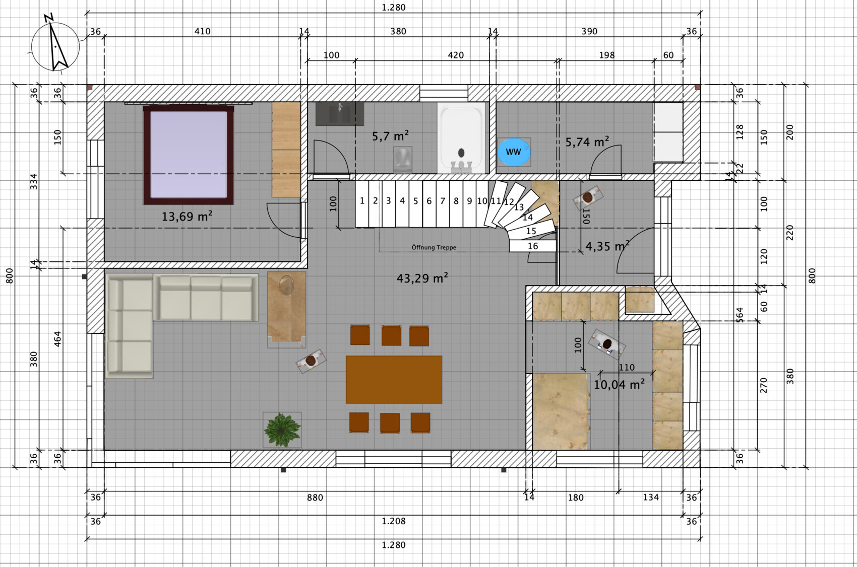 Grundriss eines Wohnhauses: Offener Wohn- und Essbereich, Treppe, Schlafzimmer, Bad und Küche.