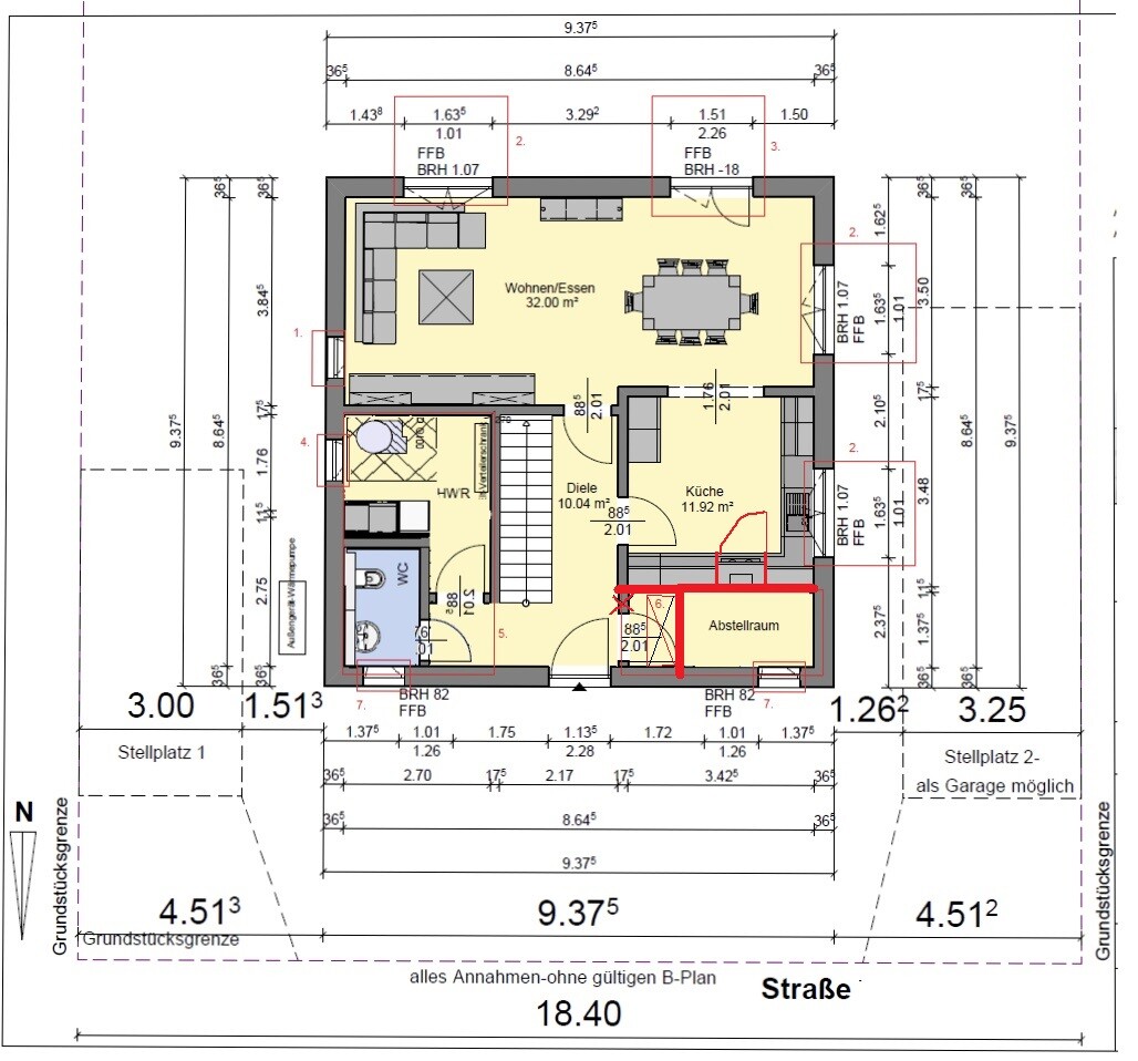 Grundriss-Erdgeschoss: Wohnzimmer, Essbereich, Küche, Diele, HWR, WC, Abstellraum.