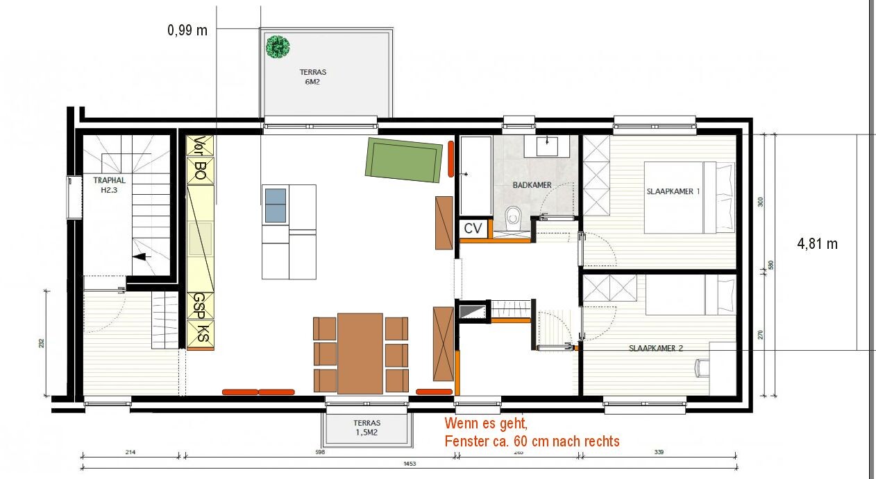 Grundriss einer Wohnung: Offener Wohnraum mit Esstisch, Küche, Bad, zwei Schlafzimmer, Terrasse.