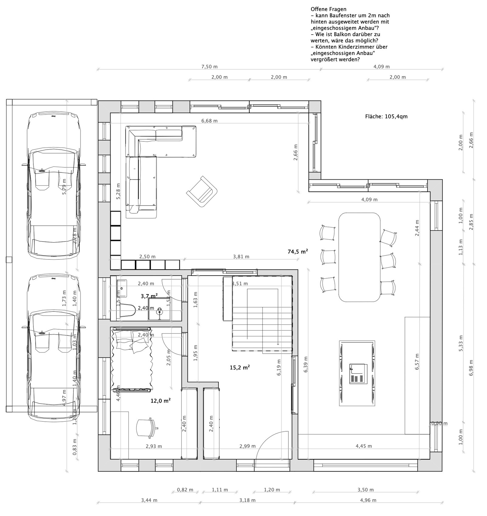 Grundriss eines Einfamilienhauses: Wohnbereich, Essbereich, Küche, Schlafzimmer, Bad, Treppe, Garage.