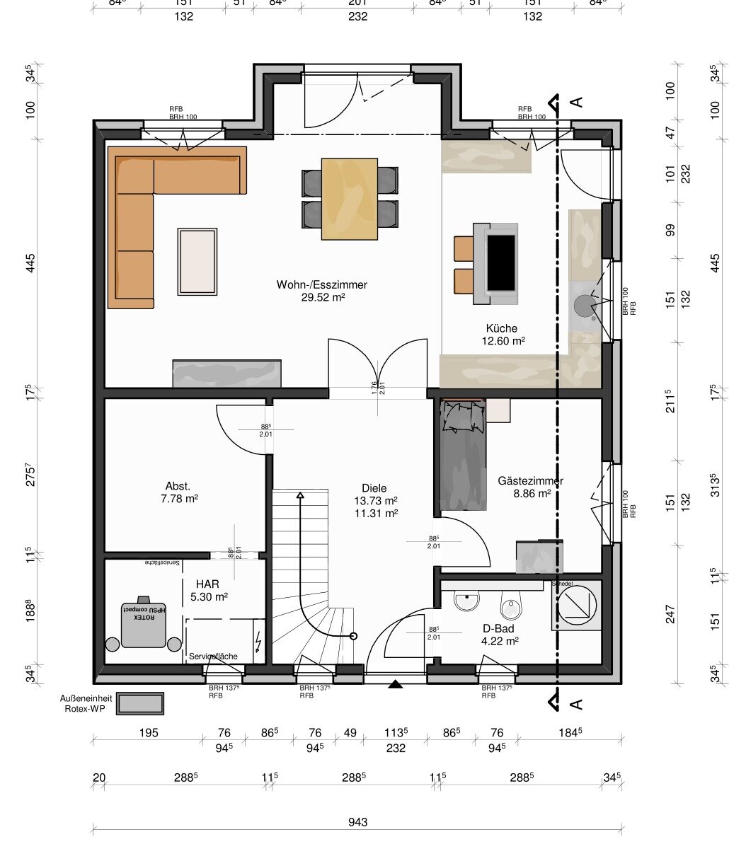 Grundriss eines Wohn-/Essraums mit Küche, Diele, Gästezimmer, Bad, Abstell-/HAR.