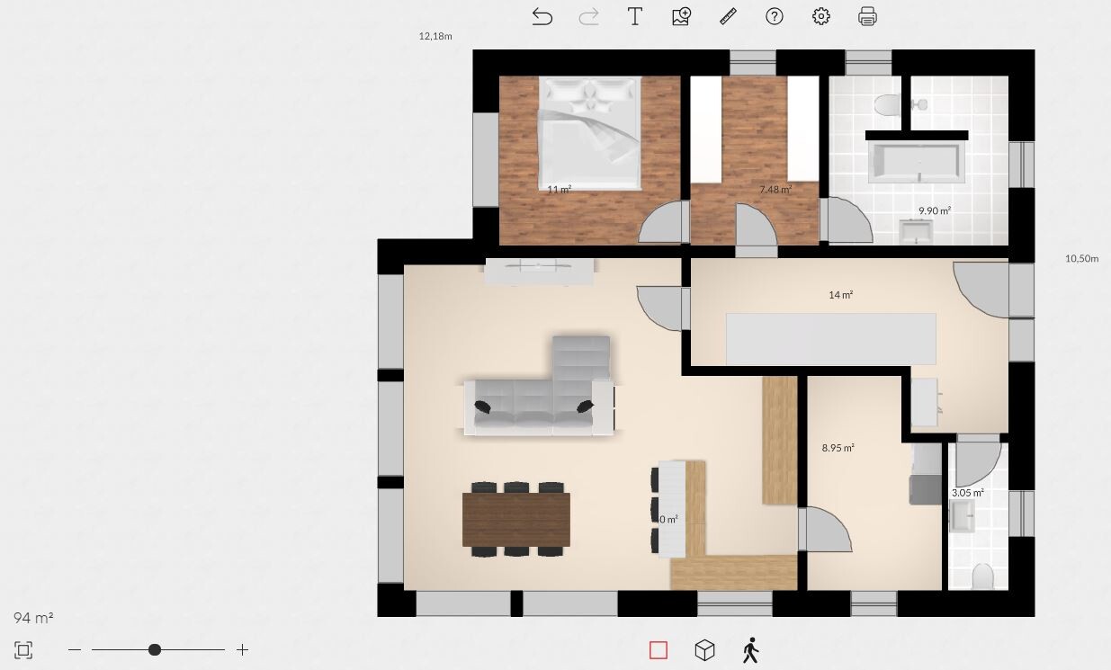 Grundriss einer Wohnung: Wohnzimmer mit Sofa, Esstisch, Küche, Schlafzimmer, Bad, Flur.