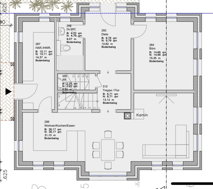 Grundriss: Diele, Wohnen/Küche/Essen, Büro, AR, Du.WC, Treppe, Kamin.