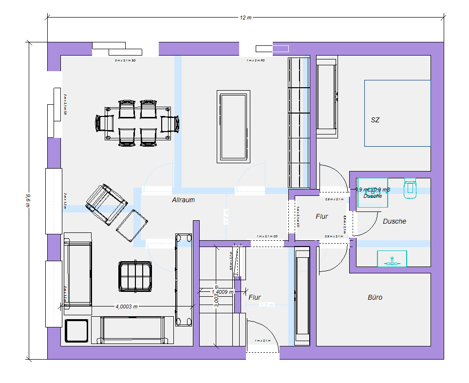 Grundriss eines Wohnhauses: Wohnzimmer mit Esstisch, Sofas, Flure, Büro, SZ-Schlafzimmer und Dusche.