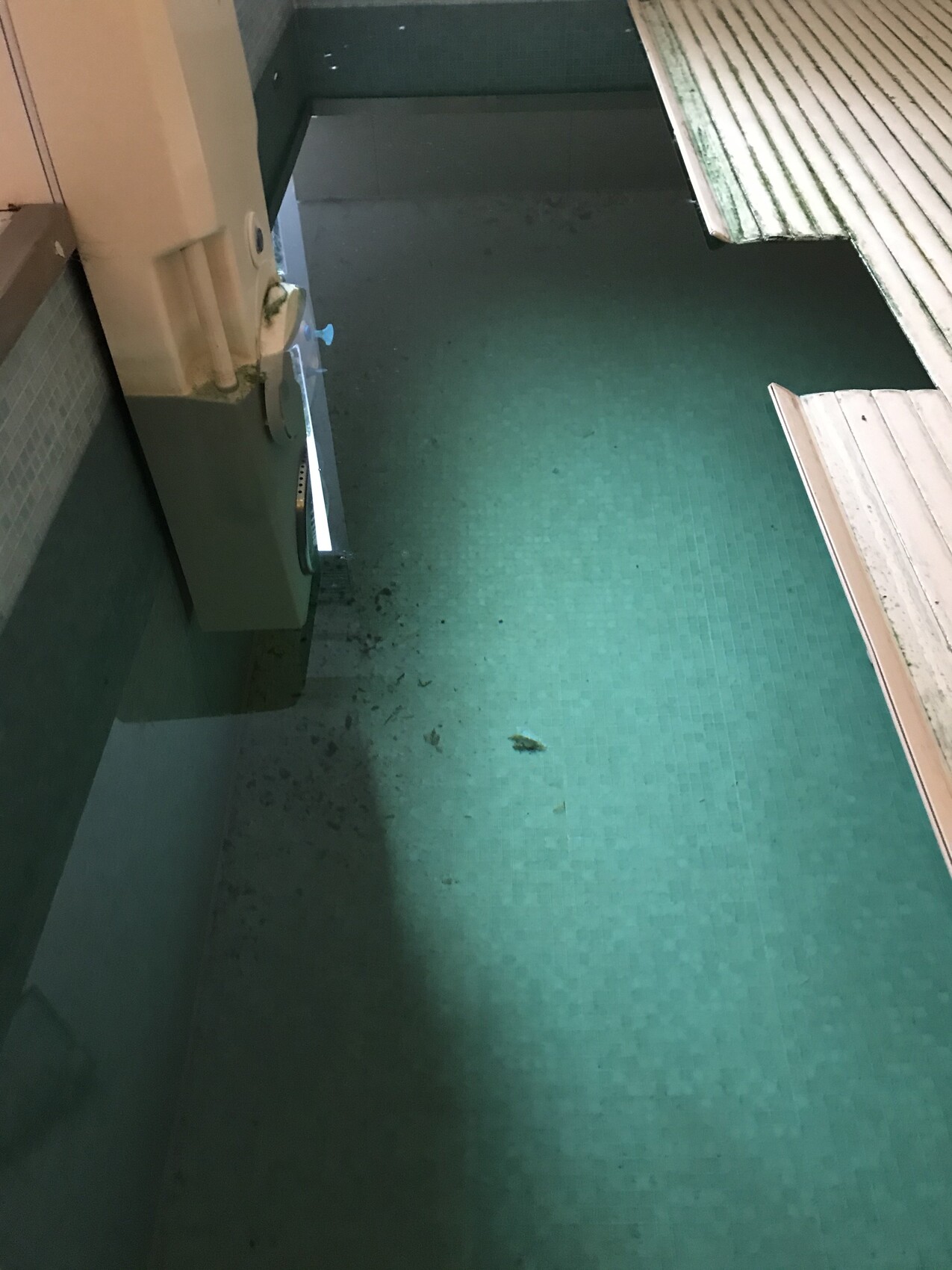 Grüner Mosaikboden in Innenraum; linke Wand mit Gerät, rechte Seite mit Holzbrettern.