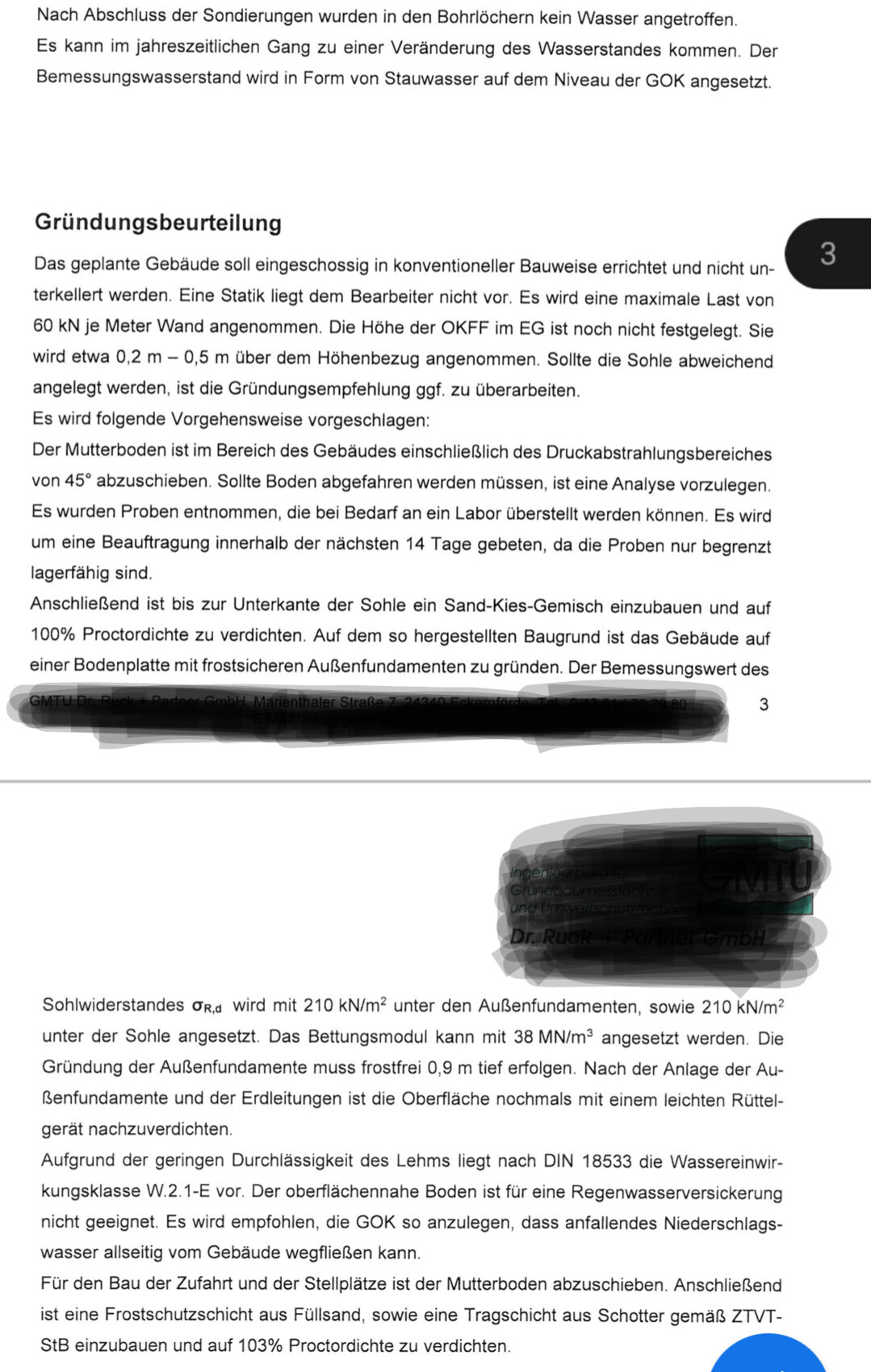Technische Dokumentenseite mit Überschrift Gründungsbeurteilung und geschwärzten Abschnitten