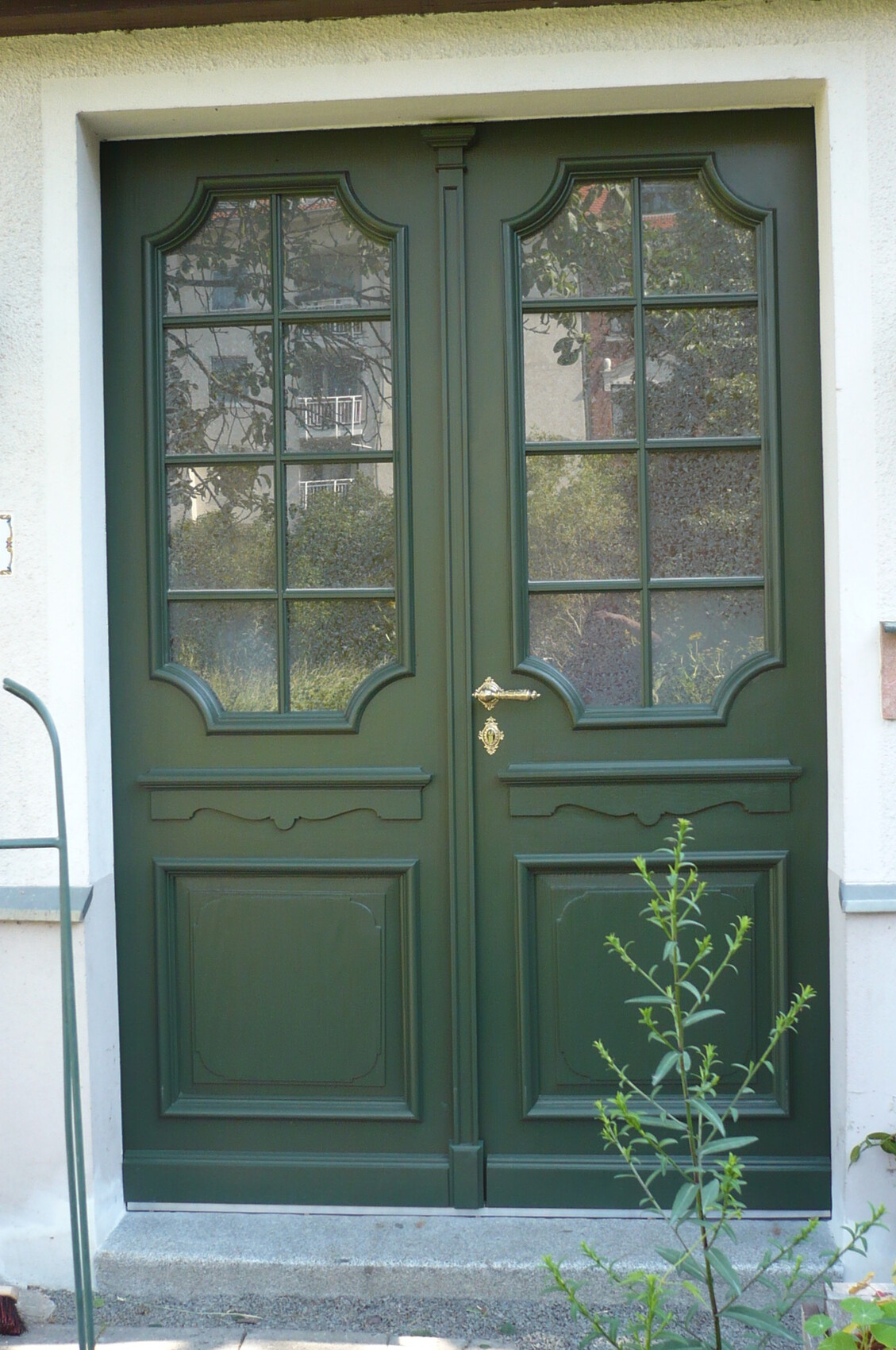 Doppeltür aus grünem Holz mit verglasten Fenstern, goldener Griff; Front eines Hauses, Pflanze davor