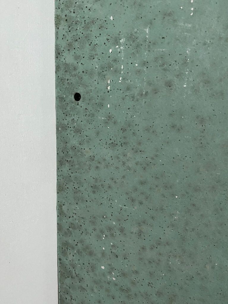 Zwei angrenzende Wandflächen: links weiße, glatte Wand, rechts grünliche, speckige Betonwand.