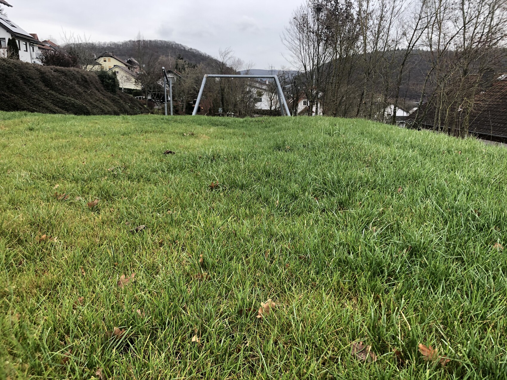 Grünes Grasfeld mit Metall-Schaukelgestell im Hintergrund, Häuser, Hügel und Wolkenhimmel