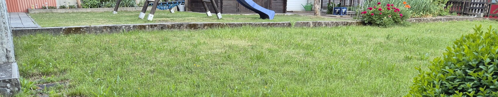 Garten mit grünem Rasen, Spielgerät (Schaukel/Slide) und Blumenbeet.