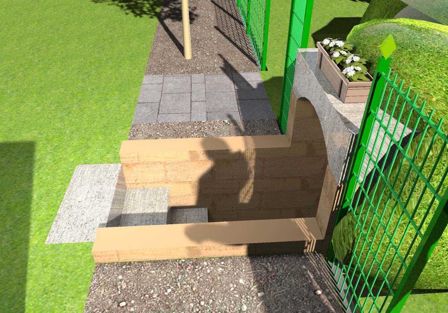 Stufen aus hellbraunen Steinblöcken führen zu einem Garten mit grünem Metallzaun und Blumenkasten