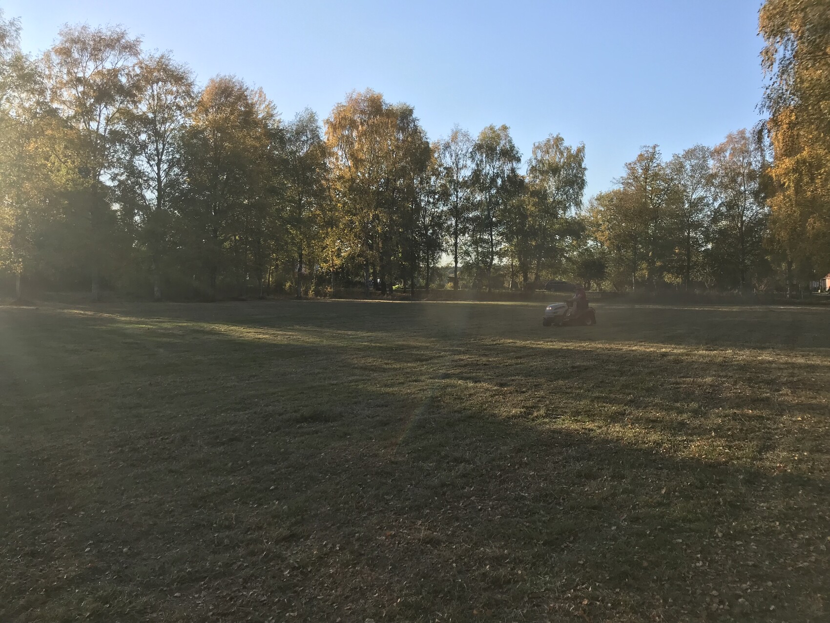 Grüner Park mit Bäumen im Herbst; rechts fährt eine Person auf einem Rasentraktor über die Wiese.