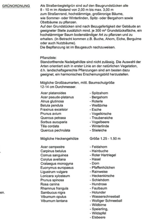 Dokument mit Grünordnung und Pflanzliste, Text über Standortpflanzen und Beispielarten