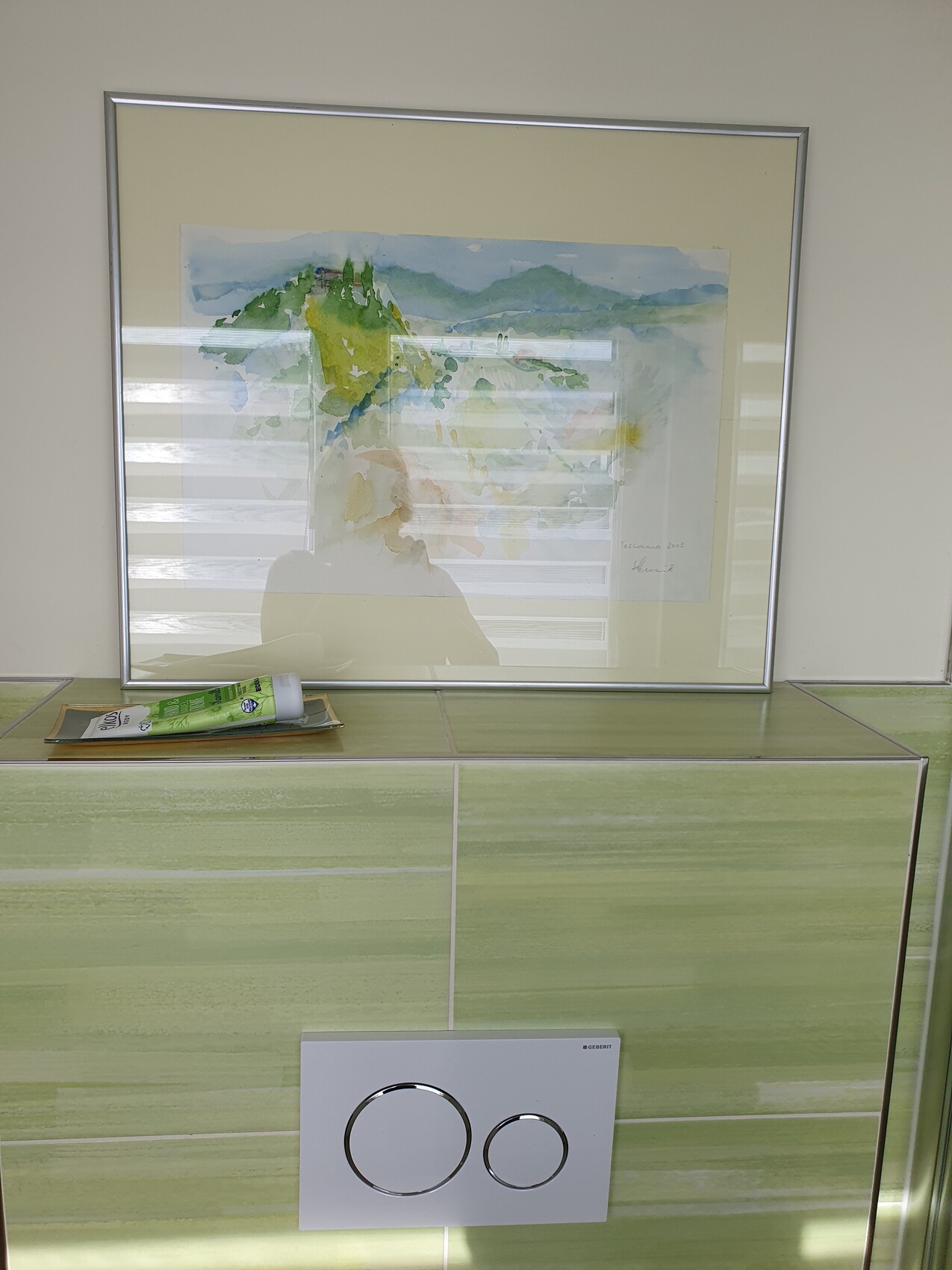Gerahmtes Aquarell einer grünen Landschaft; Spiegelung einer Person im Glas des Rahmens.
