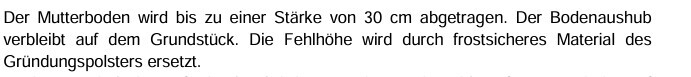 Beschreibt Abtragen des Mutterbodens bis 30 cm und Ersatz durch froststabiles Fundamentmaterial.