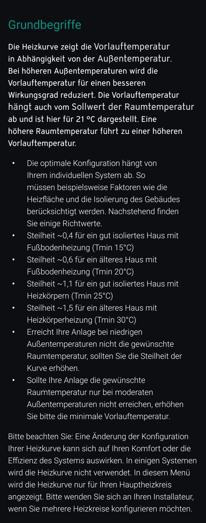 Schwarzer Bildschirm mit grünem Titel 'Grundbegriffe' und Text zur Heizkurve und Vorlauftemperatur.