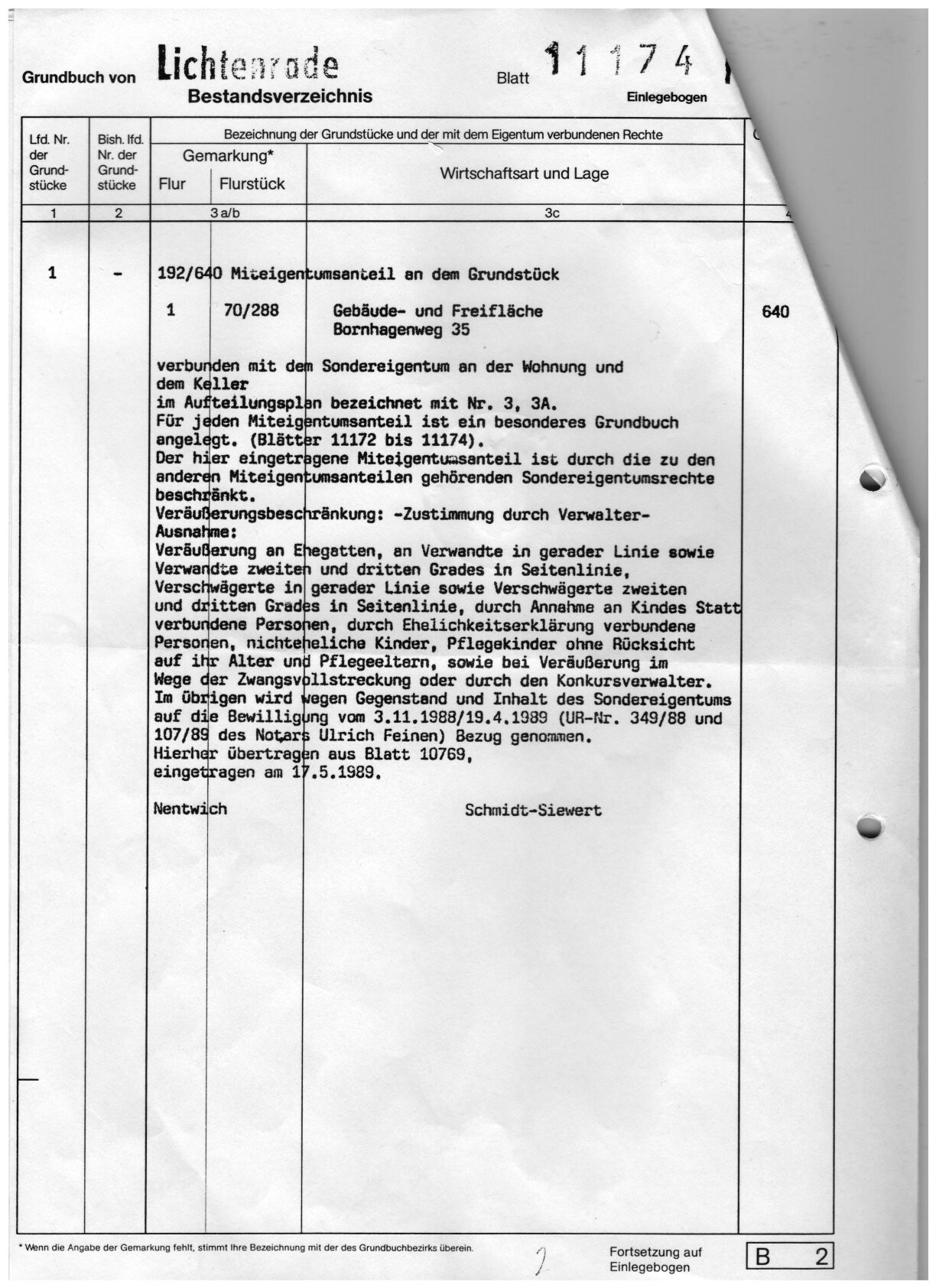 Schwarzweißscan eines Grundbuchblatts aus Lichtenrade mit Bestandsverzeichnis