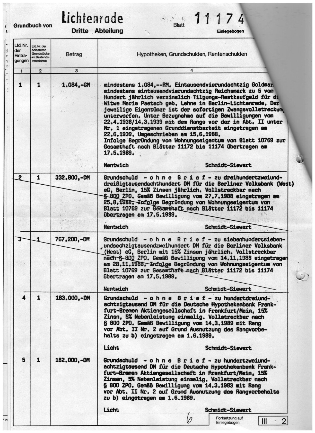 Grundbuchseite Lichtenrade, Dritte Abteilung, Blatt 11174 mit Hypothekeneinträgen