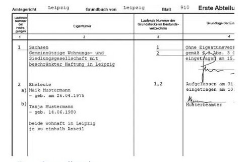 Bild eines Grundbuchauszugs aus Leipzig mit Eigentümer- und Grundstücksinformationen.