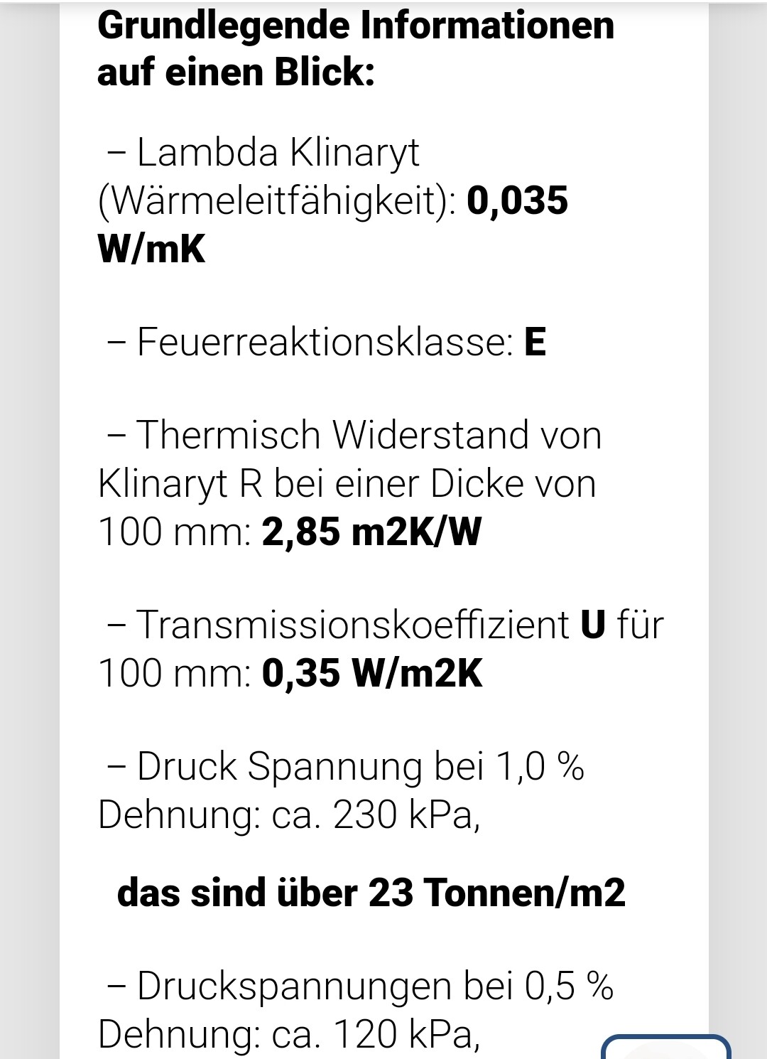 Materialdaten: Wärmeleitfähigkeit 0,035 W/mK, Feuerklasse E, R 2,85 m2K/W, U 0,35 W/m2K.