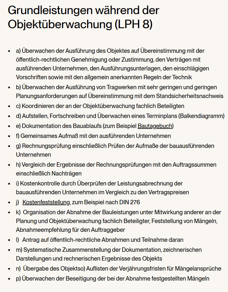 Grundleistungen während der Objektüberwachung (LPH 8): Liste der Aufgaben a–p.