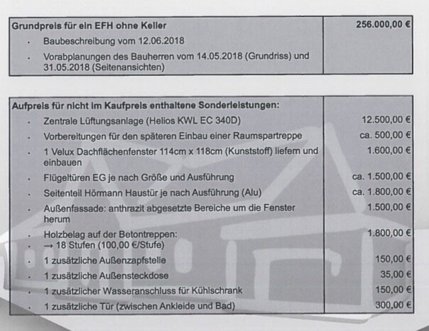 Preisübersicht und Zusatzleistungen für ein EFH ohne Keller, Grundpreis und Bauleistungen