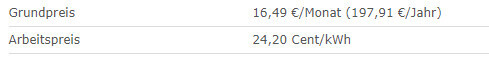 Tabelle mit Grundpreis und Arbeitspreis pro kWh für einen Stromtarif.