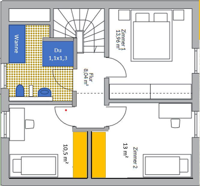 Grundriss eines Wohnhauses: Zwei Schlafzimmer, Bad mit Wanne, Dusche 1,1x1,3, Flur, Treppe.