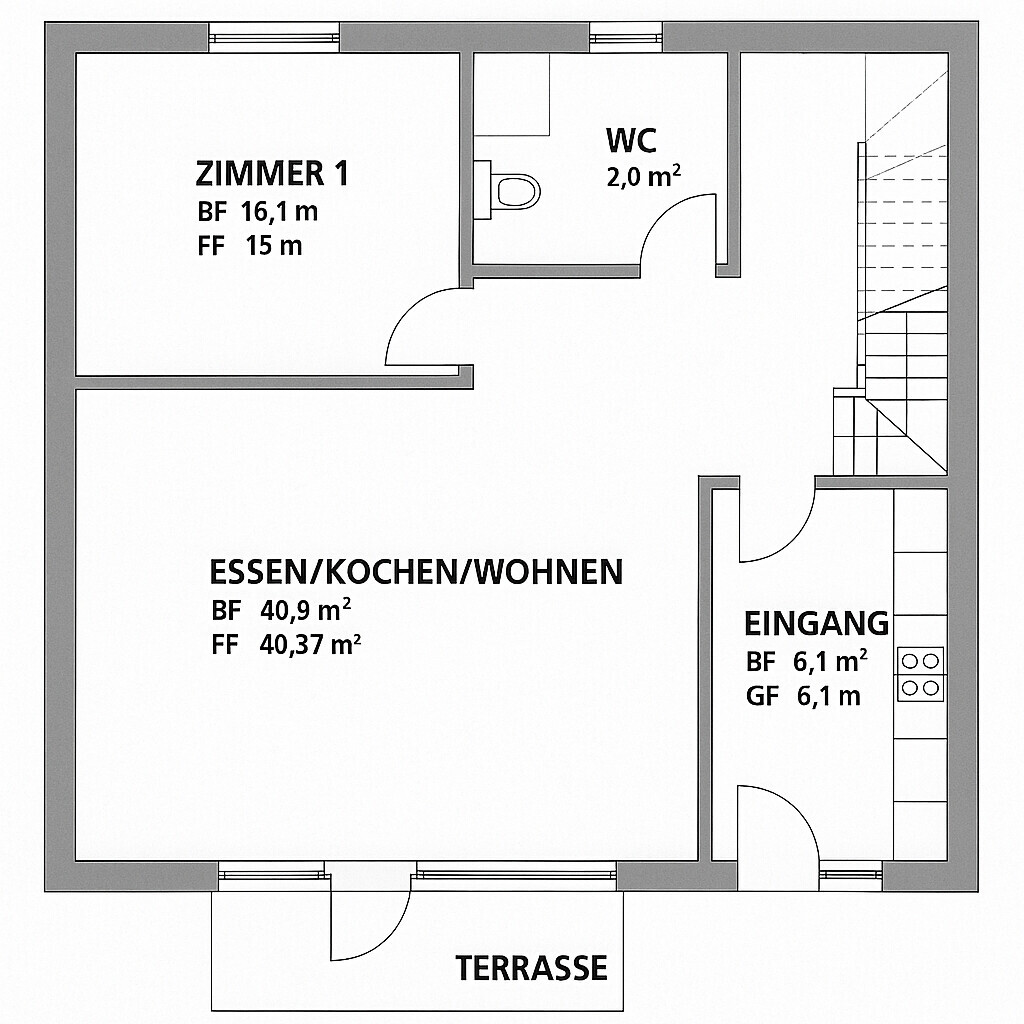 Grundriss einer Wohnung: Eingang, Ess/Koch/Wohnen, Zimmer 1, WC, Terrasse.
