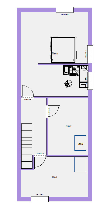 2D Grundriss eines Etagenplans mit Elternzimmer, Kinderzimmer und Bad