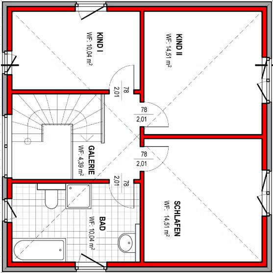 Grundriss eines Etagenplans: KIND I, KIND II, SCHLAFEN, BAD, GALERIE, Treppe, rote Wände