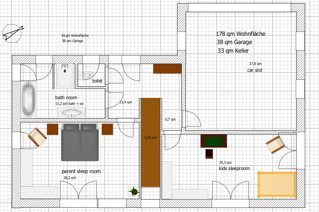 2D-Grundriss eines Hauses mit Elternschlafzimmer, Kinderzimmer, Bad, Flur, Küche und Garage