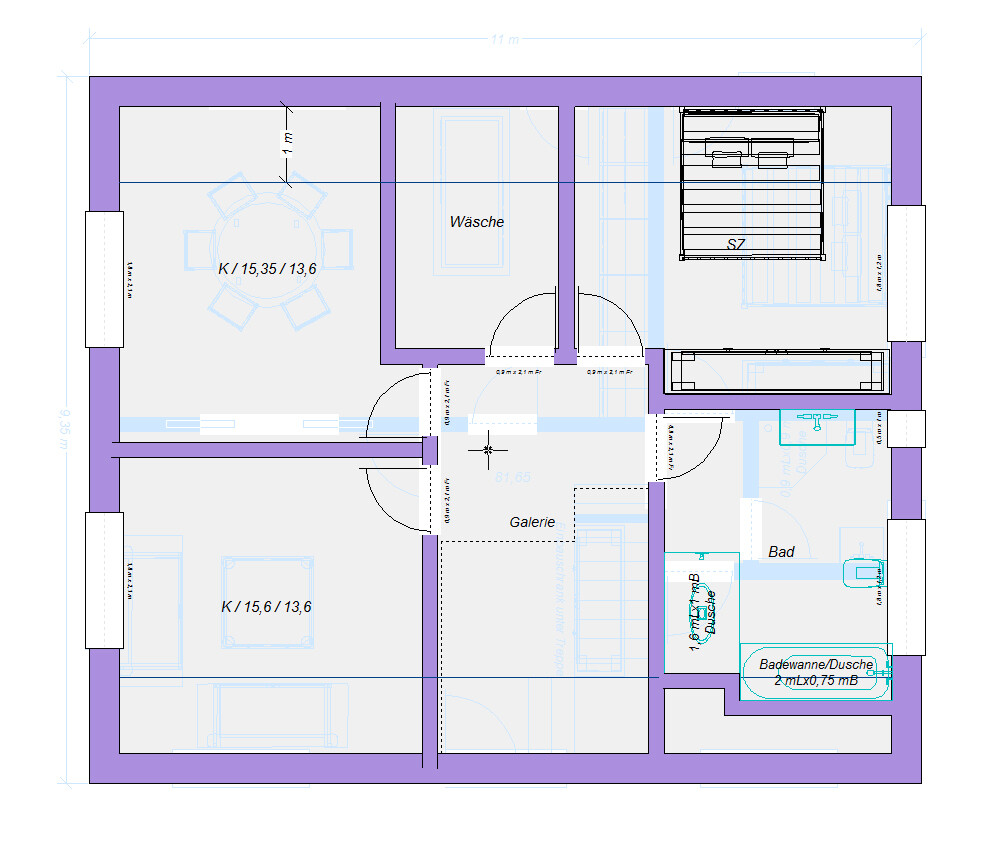 Grundriss eines Apartments: Küche/Essbereich, Galerie, Wäsche, Bad, Schlafzimmer.