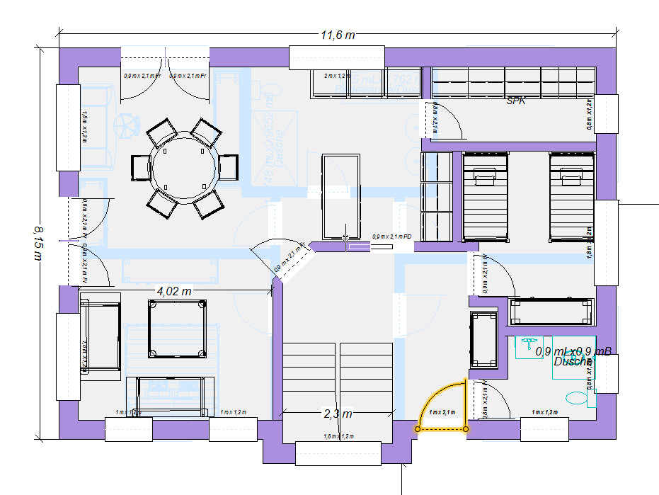 Grundriss eines Hauses: Wohnzimmer, Essbereich, Küche, 2 Schlafzimmer, Bad mit Dusche, Treppe.
