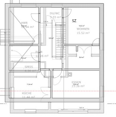 2D-Hausgrundriss mit Küche, Essbereich, Wohnzimmer, Flur und Treppenhaus