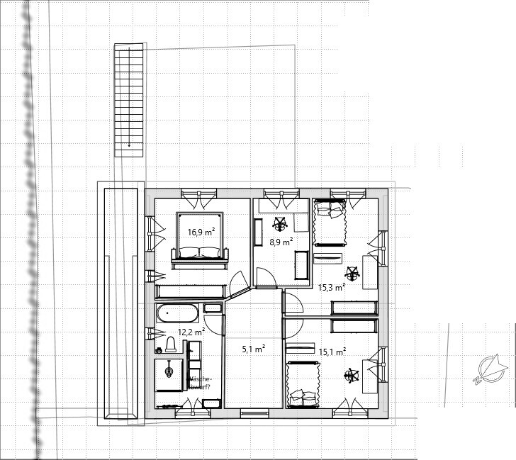2D-Grundriss eines Hauses mit mehreren Zimmern, Türen, Fenstern und Maßangaben
