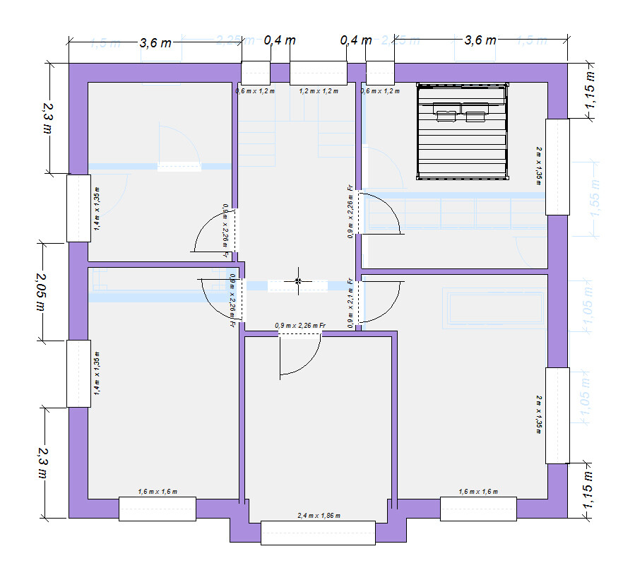 Grundriss eines Wohnhauses mit zentraler Treppe, mehreren Zimmern; Bett im Schlafzimmer rechts.