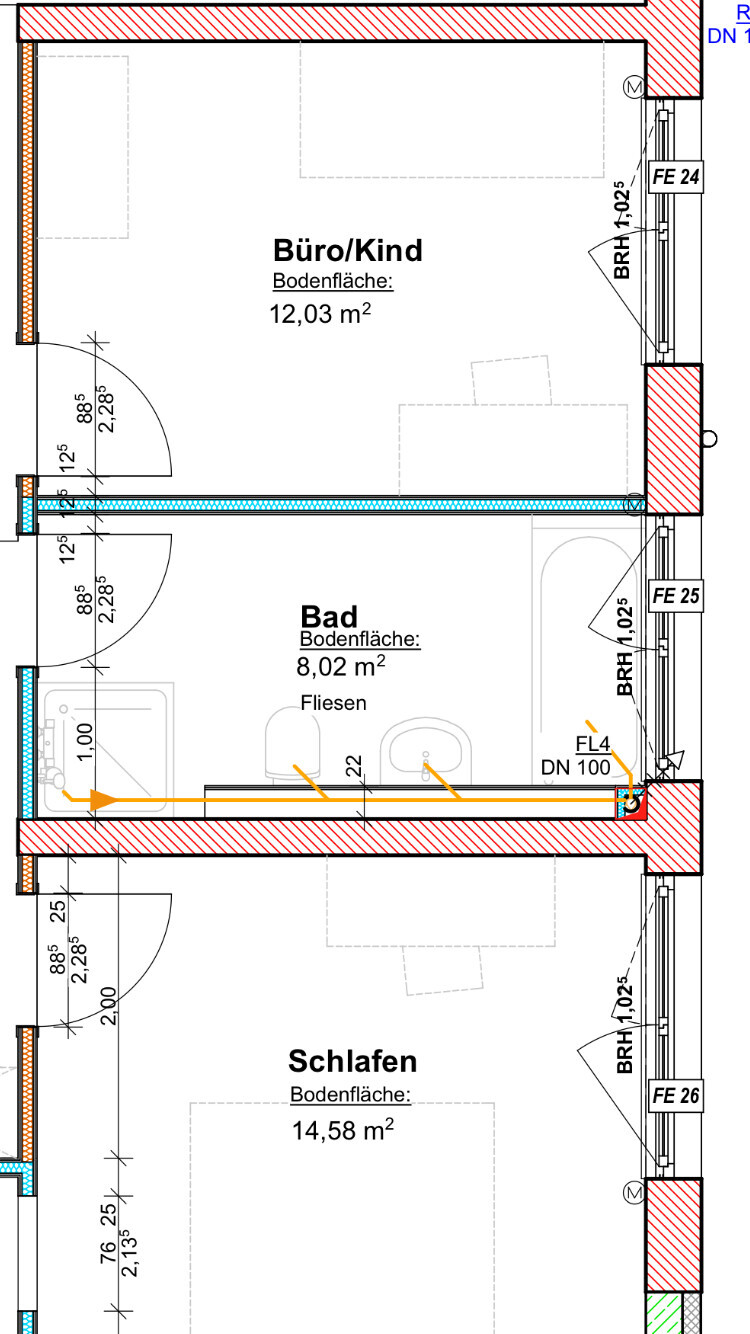 Grundriss: Büro/Kind (12,03 m2), Bad (8,02 m2, Fliesen) und Schlafen (14,58 m2).