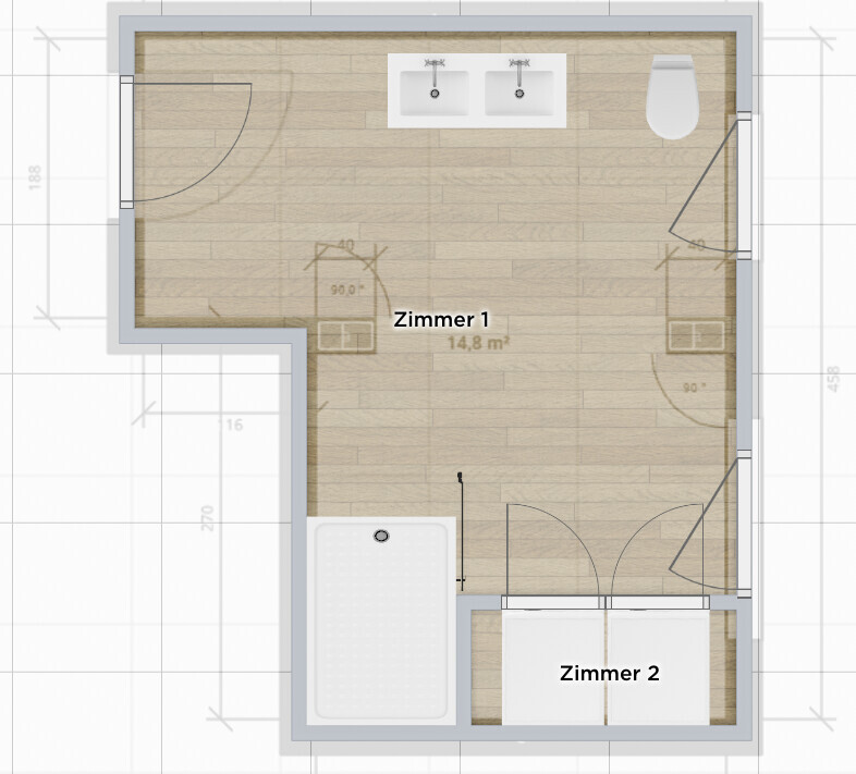 Grundriss: Zimmer 1 mit Badewanne, Doppelwaschbecken und Toilette; Zimmer 2 mit zwei Betten.